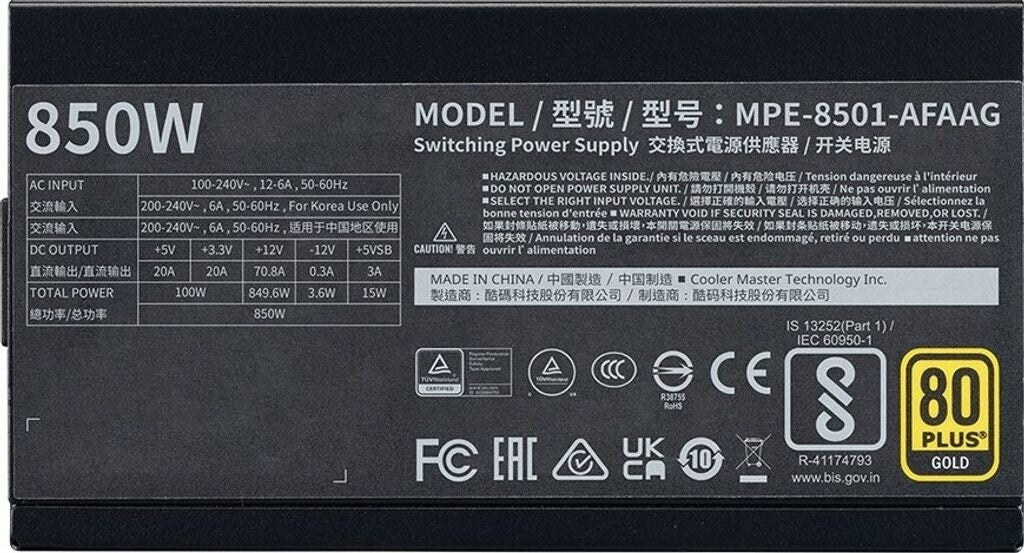 Alimentation Cooler Master MWE 850, 850W 80 plus Gold